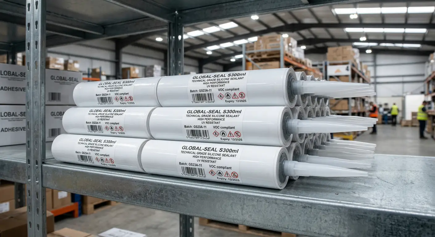 several standard plastic sealant cartridges stacked neatly on a warehouse shelf - KINGDELI