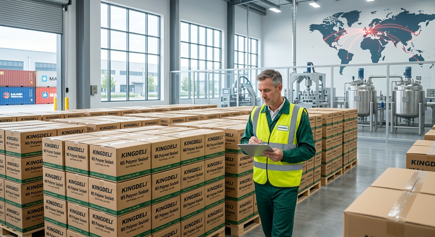 thousands of MS polymer sealant cartridges neatly packed in branded boxes on pallets. thousands of MS polymer sealant cartridges neatly packed in branded boxes on pallets.