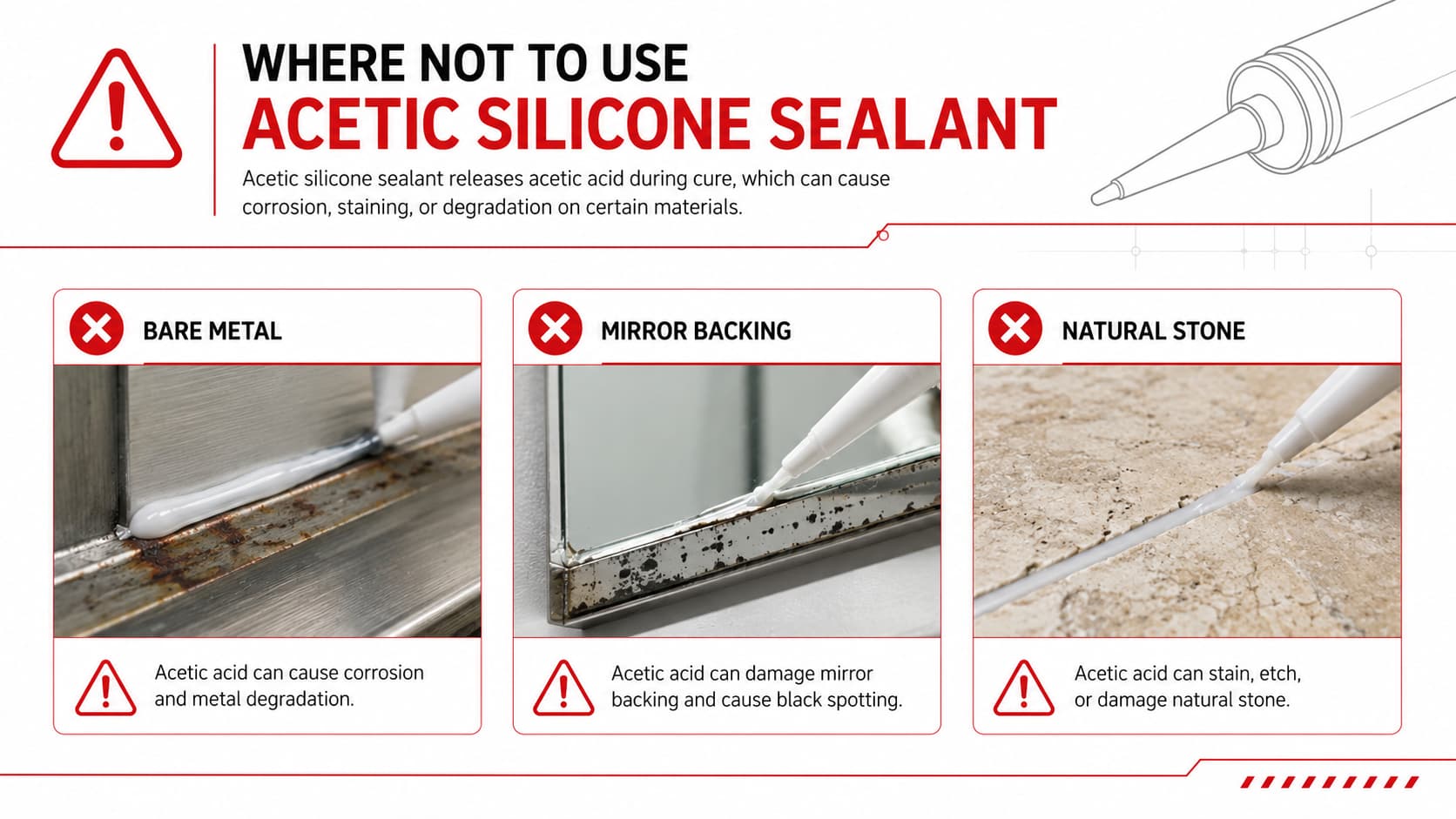 Where not to use acetic silicone sealant on bare metal mirror and stone