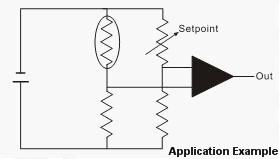 An application example of an NTC Thermistor in a circuit. The thermistor is part of a voltage divider circuit that feeds a comparator. The comparator output is used to control an external device based on the temperature sensed by the NTC thermistor.