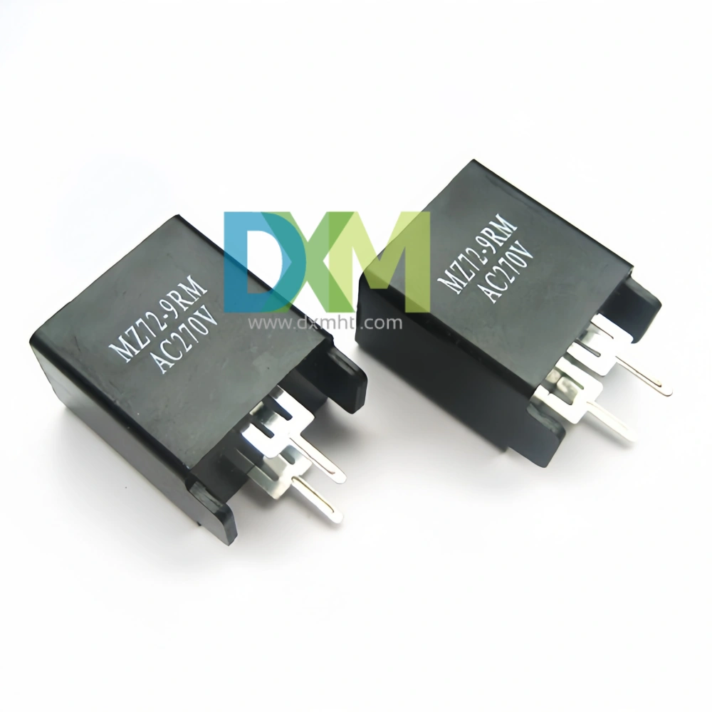 Two black Thermistor PTC TV degausser MZ72-9RM components with AC270V markings.  They are isolated on a white background.