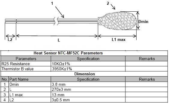 Diagram showing the dimensions of the Heat Sensor Thermistor NTC-MF52C, including the parameters of resistance, Thermistor B value, and dimensions of Dmin, L, L1 max, and L2.