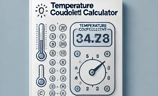 Illustration of a temperature Coefficient (Alpha) Calculator with a dial showing 34.28.