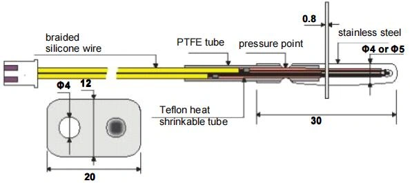 Diagram of an oven temperature sensor (sensor de temperatura), showing its components and dimensions.  The sensor has a PTFE tube, a braided silicone wire, and a stainless steel probe.