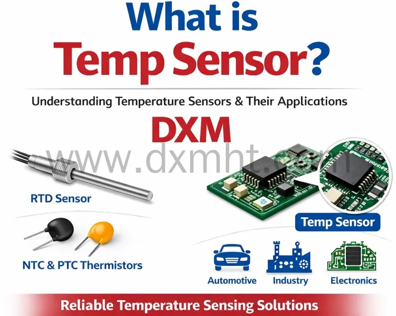 Diagram explaining what is temp sensor, types, and applications. - DXM