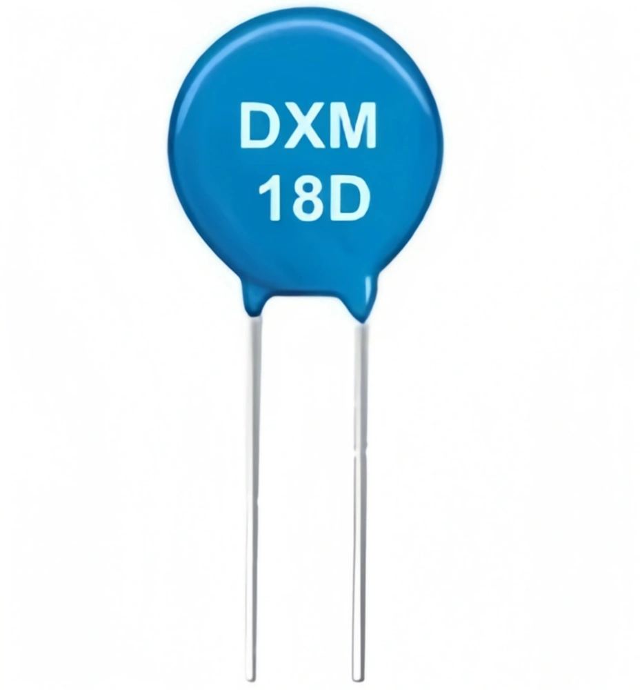 One of blue metal-oxide varistors 18D with silver leads. which has the text "DXM 18D" printed on it.