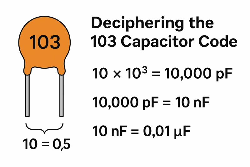 Illustration of a 103 capacitor and its coding.