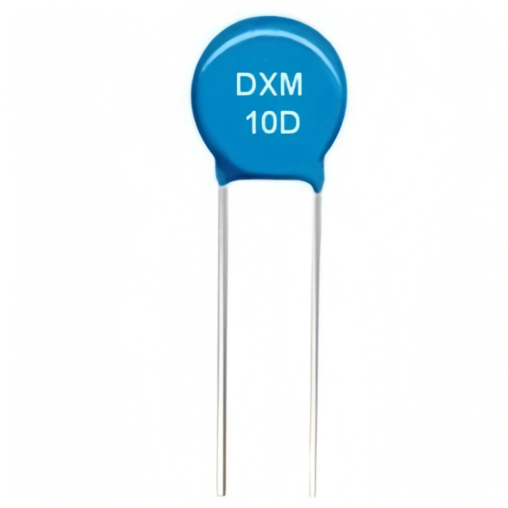 A blue metal-oxide varistor 10D with silver leads.  The varistor is a component that protects electrical circuits from voltage surges.