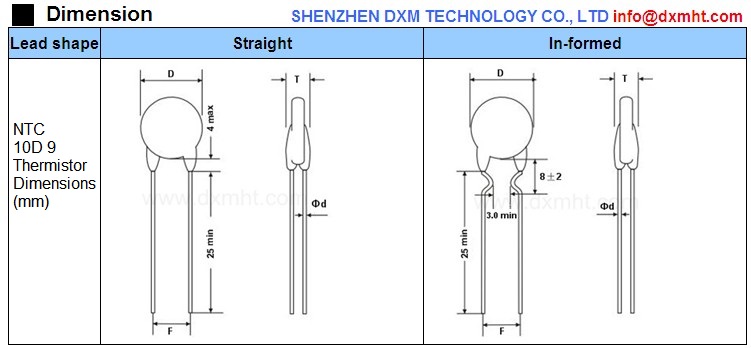 Line drawing showing the dimensions of an NTC 10D 9 Thermistor in both straight and in-formed lead shapes.