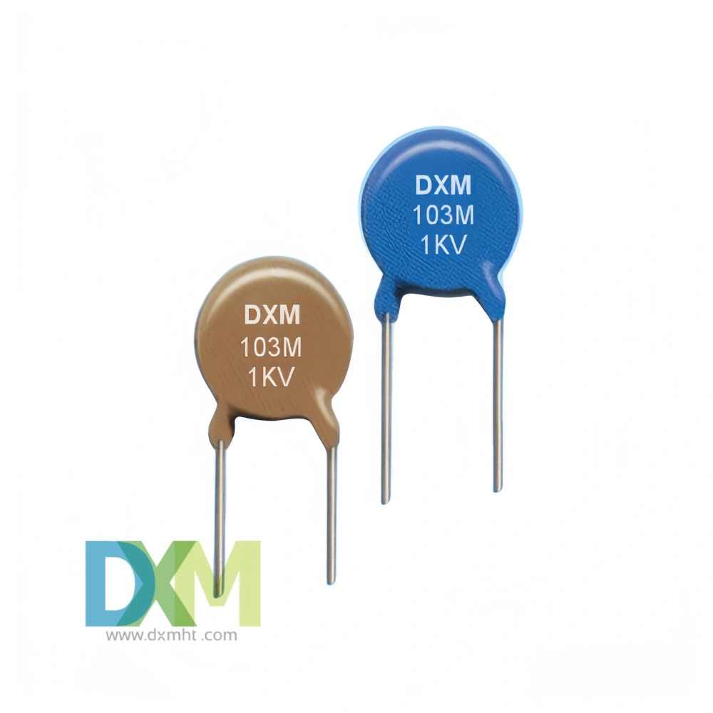 Two High Voltage Capacitor components, one brown and one blue, with "DXM 103M 1KV" printed on them.