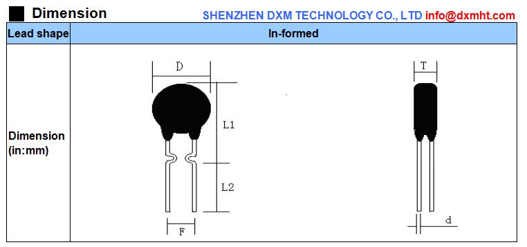 Line drawing of an MF72 ntc 5d-15 thermistor showing its dimensions. The thermistor has a round sensor and two leads.