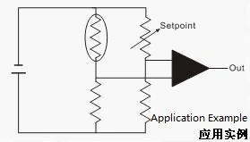 A diagram illustrating the application of a glass NTC Termistor MF58D in a circuit. The diagram shows a thermistor connected to a comparator with a setpoint and output.