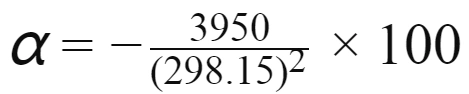 Step-by-Step Calculation Example for Temperature Coefficient (α) of NTC Thermistors.alpha equals negative 3950 divided by 298.15 squared, multiplied by 100.