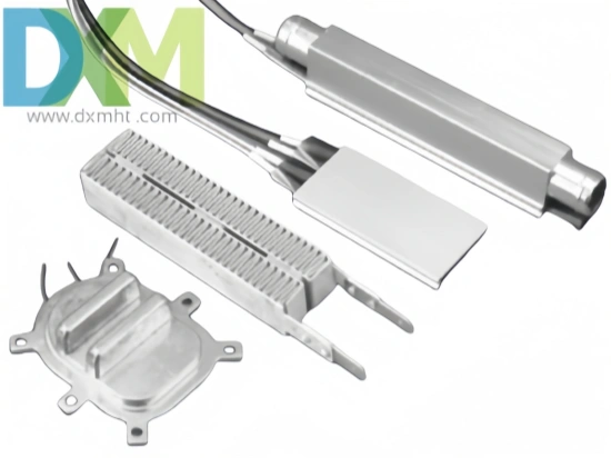 Close-up view of various PTC Ceramic Heater and Heating Element components.  The image shows different sizes and shapes of the heating elements, showcasing their design and construction.