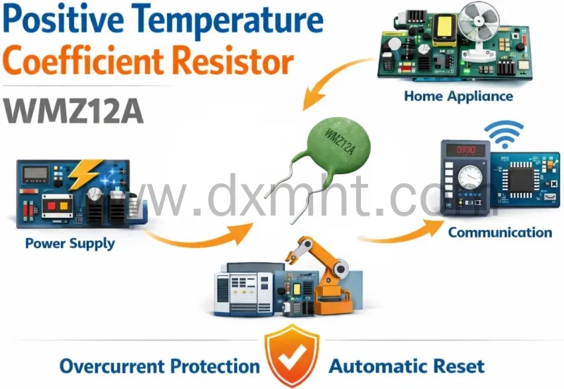 Positive Temperature Coefficient Resistor WMZ12A usage in power supply, appliance, and communication.
