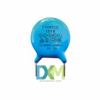 A blue ceramic capacitor with the label "CY/HTCC 101K" and other markings.