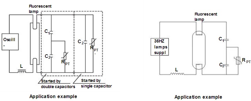 Diagram showing two applications for a Termistor PTC in a fluorescent lamp circuit. One circuit uses a single capacitor for starting, the other uses two.