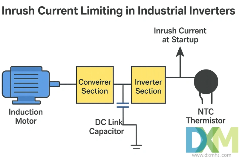 Limitación de corriente de entrada mediante termistor NTC en inversores industriales Diagrama de termistores NTC limitadores de corriente de entrada en inversores industriales, con un condensador de enlace de CC y un termistor NTC para limitar la corriente de entrada en el arranque.