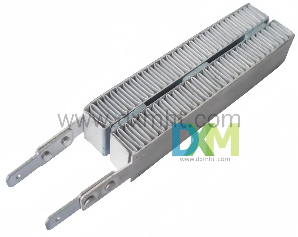 PTC resistance heater - DXM A silver PTC resistance heater with two terminal leads. It has a rectangular shape with a series of folds on the heating surface. - DXM