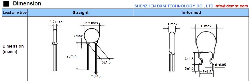 Diagram showing dimensions for Bead Type NTC Thermistors for temperature compensation, with straight and in-formed lead wire types.