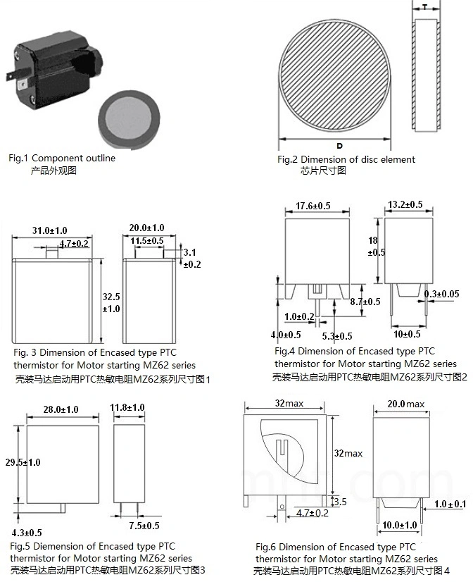 Motor Winding Protection PTC Thermistor mz6 series dimension drawing. The drawing shows dimensions of the PTC thermistor in different mounting configurations.