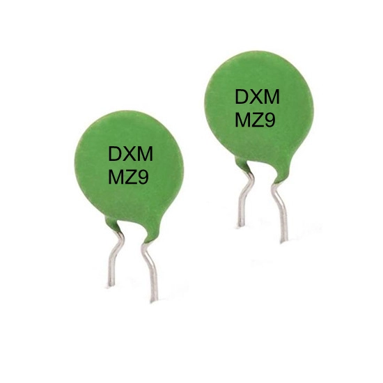 Two green PTC Thermistors, labeled DXM MZ9, are shown.  Each PTC thermistor has two leads for circuit connection.