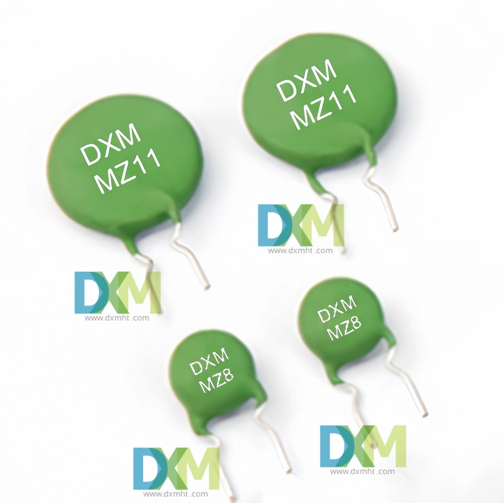 PTC Electronics for transformer protection-MZ11,MZ8. Green ceramic resistors with DXM MZ11 and MZ8 markings.