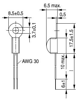 Line drawing of a Temp Sensor CWF-103F3950FA with dimensions and specifications. The heat sensor has a round head with two wires coming out of it. The drawing shows the sensor from two different angles.