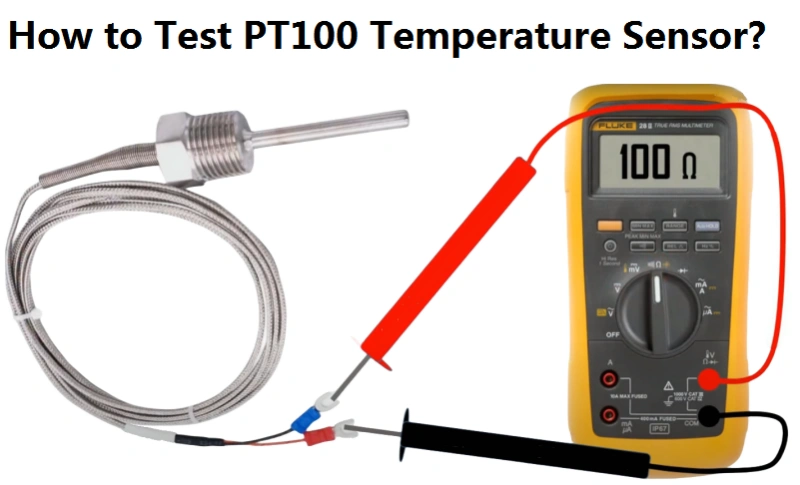 How to test PT100 temperature sensor.  A diagram shows testing a PT100 temperature sensor with a multimeter. The sensor's resistance is measured to verify functionality of pt100 temperature sensors.