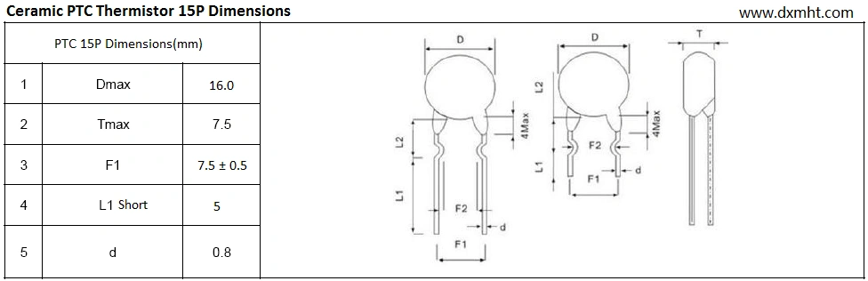 Diagram showing the dimensions of a 15P Ceramic PTC Thermistor,with overload protection. The diagram shows the dimensions of the PTC 15P, including the diameter, height, and lead spacing.