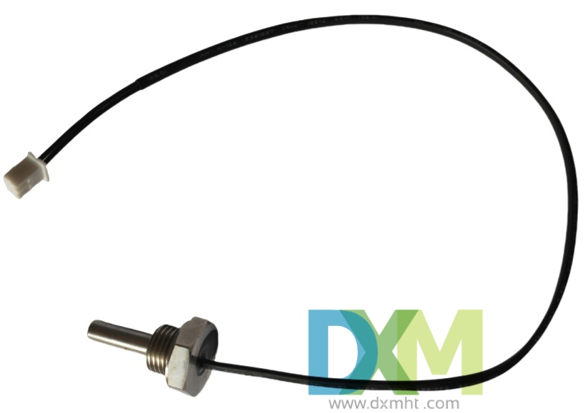 Temperature sensor with a metallic sensing tip and a black wire lead.  The temperature sensing element is designed for precise temperature measurement applications.