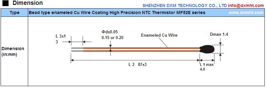 Diagram showing dimensions of NTC Temperature Sensor thermistor MF52E with enamelled Cu wire coating.