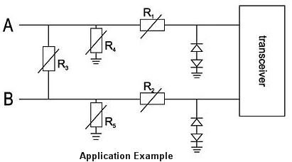 Precision Thermistor for RS485 protection application example, showing a schematic diagram of a circuit with PTC Electronics, diodes, and a transceiver.