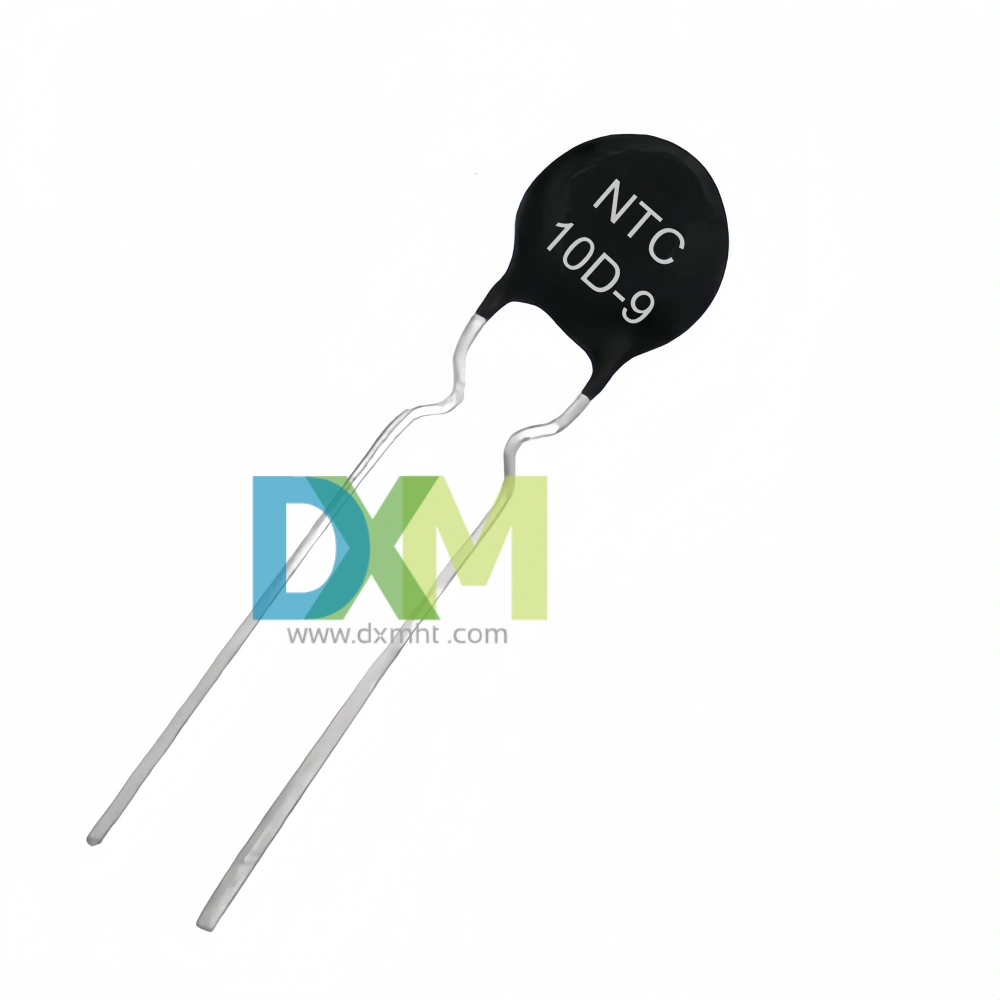 This NTC thermistor 10D 9 is a small, black, cylindrical component with two metal leads.