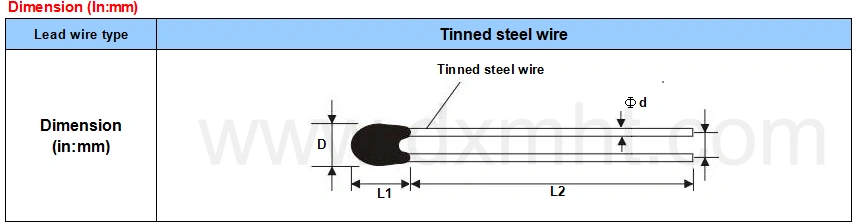 NTC sensors MF52A Dimensions: A diagram showing the dimensions of the ntc thermistor sensor, including the diameter (D), the length (L1 and L2), and the wire diameter (d).  The sensor is made with tinned steel wire.