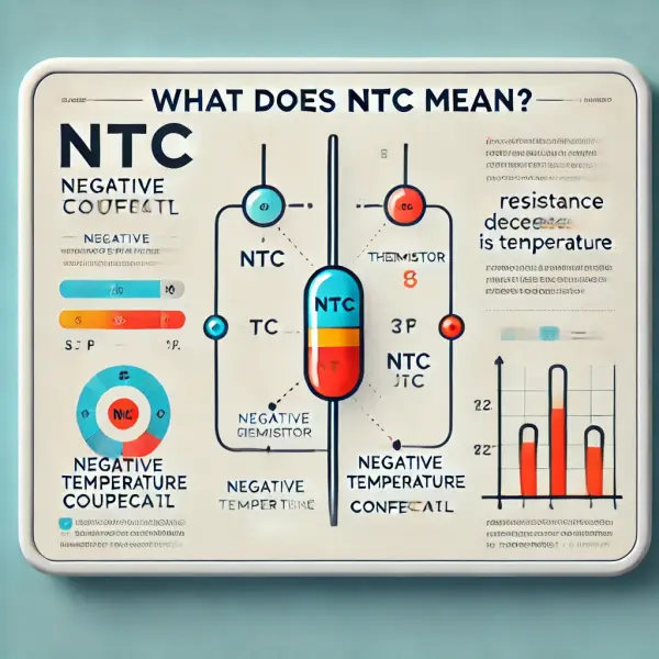 A diagram explaining the define ntc. What Does NTC Mean？It shows that NTC stands for Negative Temperature Coefficient and the resistance decreases as the temperature increases.