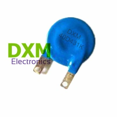 Close-up of a blue mov electrical component, Metal-oxide varistors 40D431K, from DXM Electronics.