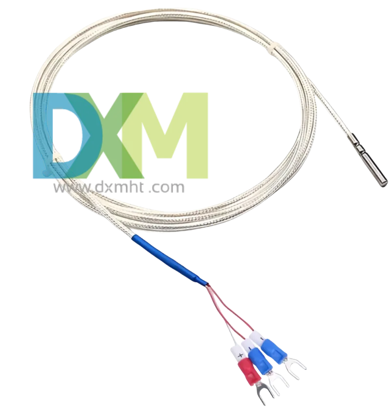 PT100 temperature sensors with coiled cable and three-wire connector.  The sensor features a protective sheath and color-coded leads for easy identification.