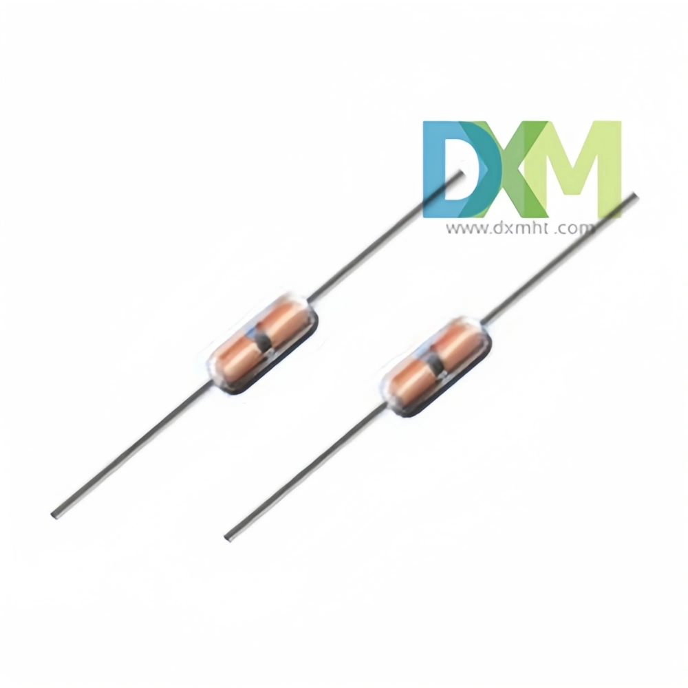 Two glass ntc MF58 thermistors, electronic components used for temperature sensing, on a white background.