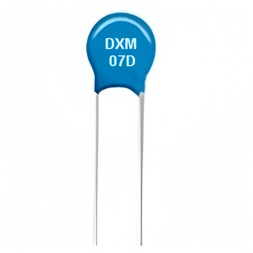 A blue 07D Metal oxide varistor with the label 