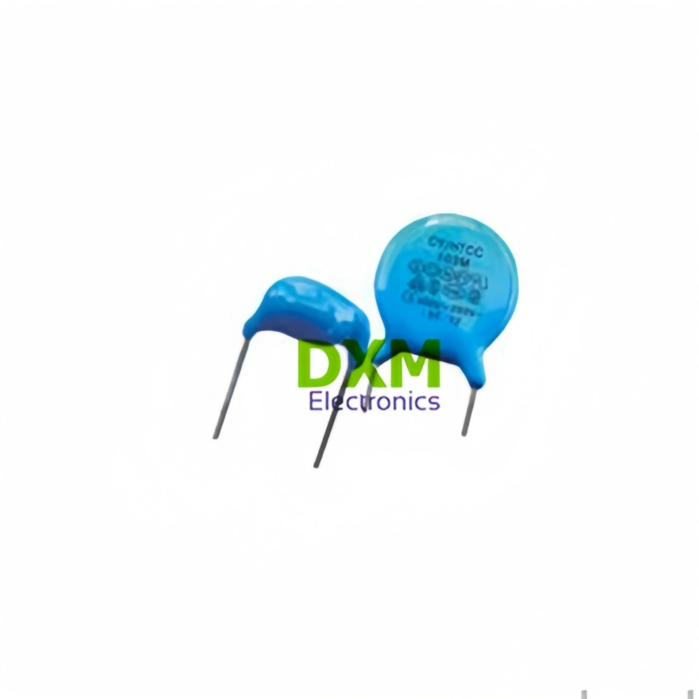 Two blue  Ceramic Disc Capacitors (Y Capacitor-Y1 Capacitor, Y2 Capacitor)  with wire leads.  The capacitor on the right has text on it.