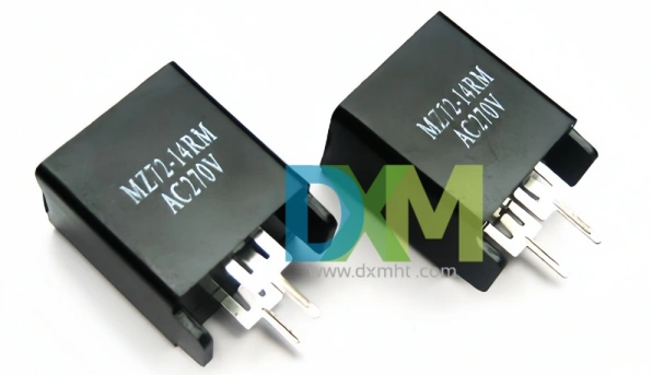 Two PTC thermistor degaussers for TV degaussing are shown.  The black, rectangular components are labeled "MZ12-14RM AC270V."  They feature multiple pins for connection.