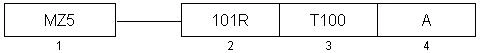 Diagram showing naming rules o fa PTC Sensor temperatura MZ5, with the labels "101R", "T100", and "A".