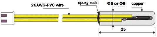 Diagram showing the construction of a temperature sensor with 26 AWG-PVC wire, epoxy resin, copper and 25mm length.It is Air conditioning sensor.