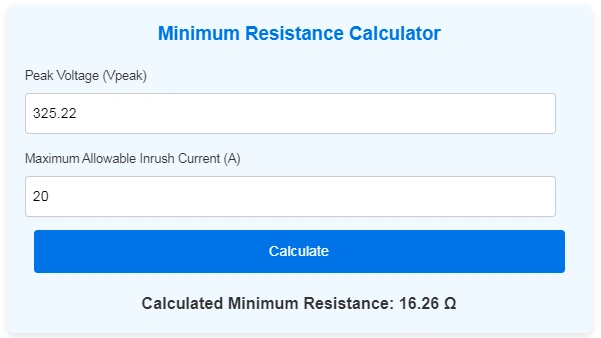 NTC Thermistors Inrush Current Calculation with Minimum Resistance Calculator: A webpage showing a calculator with fields for peak voltage and maximum allowable inrush current to calculate minimum resistance.