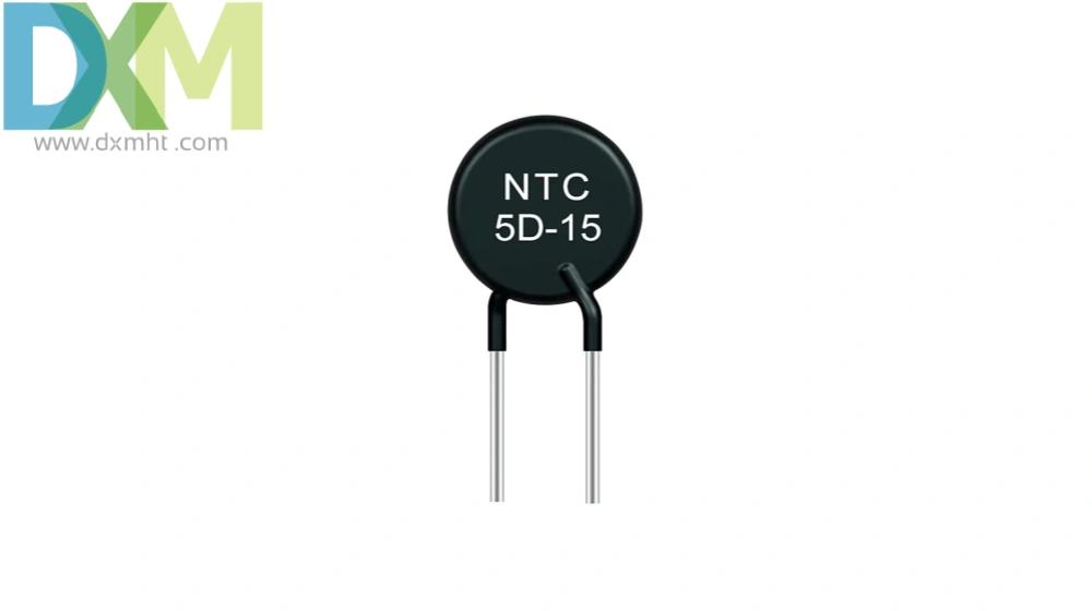 Negative Temp Coefficient Thermistor 5D-15, black disc shaped with two wire leads.