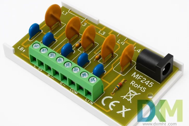 PTC Fuse Application Circuit board showing PTC fuse application, featuring ptc fuses and various electronic components.