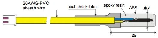 A cross-sectional diagram of a temp sensor with a 26AWG-PVC sheath wire, heat shrink tube, epoxy resin, ABS and a 7mm diameter.It is Cold storage sensor and refrigerator sensor.