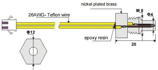 A technical drawing of a Water Kettle Temperature Sensor. with specifications for the sensor's components and dimensions.