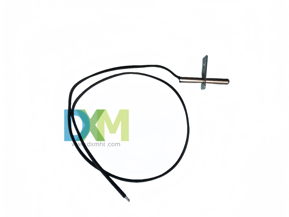 A black cable with a silver NTS Temperature Probe attached to a metal bracket.  The Temperature Probe Sensor is bent at a 90-degree angle.